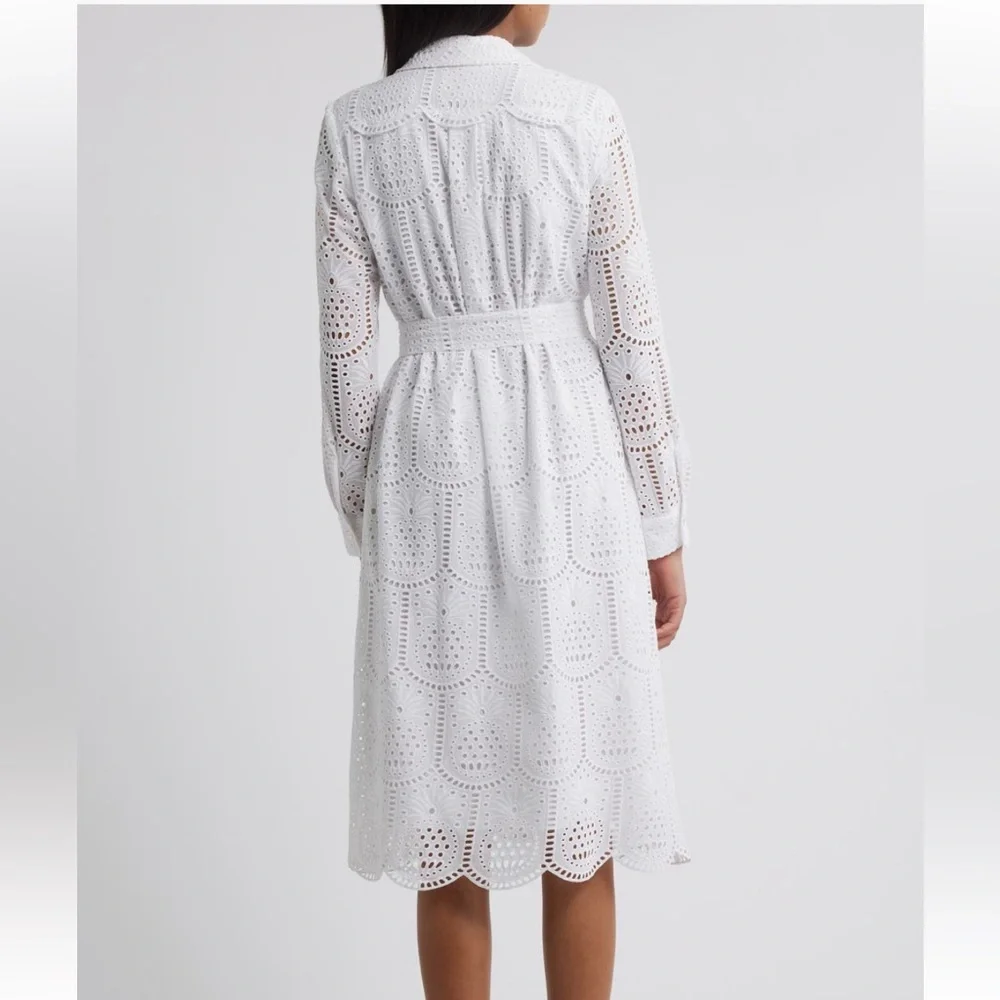 NWT Lilly Pulitzer White Eyelet Midi Shirt Dress Belted Long Sleeve SZ 4 - Picture 4 of 8